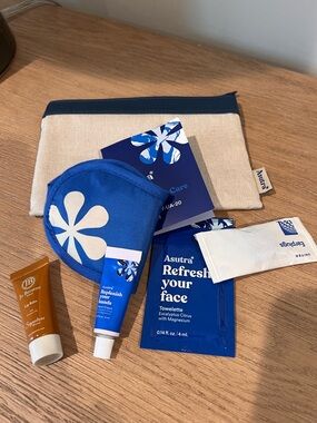 Asutra Blue Travel Skincare Kit Pouch with accessories.